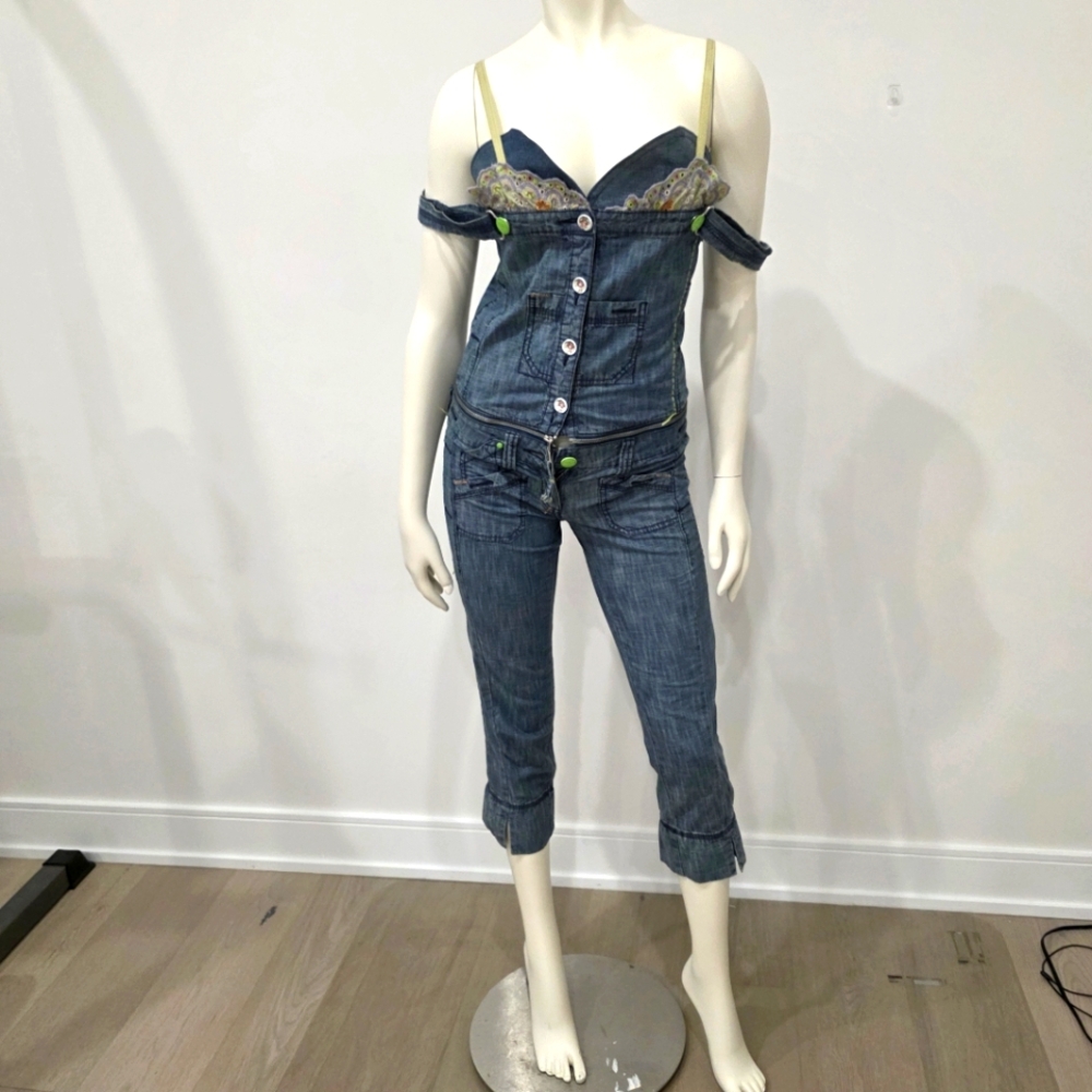 Rare Stefanel Blue Denim Overalls with Medium Wash Corset Capris Low Rise Y2K